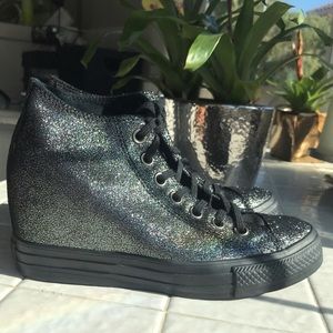 Silver and black sparkly hidden wedge converse